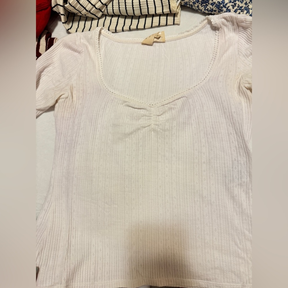 Sezane White Pointelle T-French 34/XS, 3/4 Sleeve-Light Stains, I will bleach - Picture 9 of 11